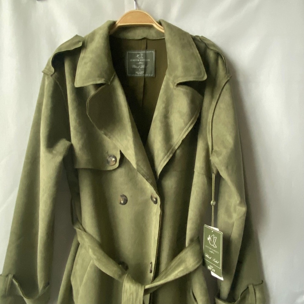 Love for Humanity Double Breasted Couture Trench Coat Women L Olive Faux Suede - Picture 4 of 13